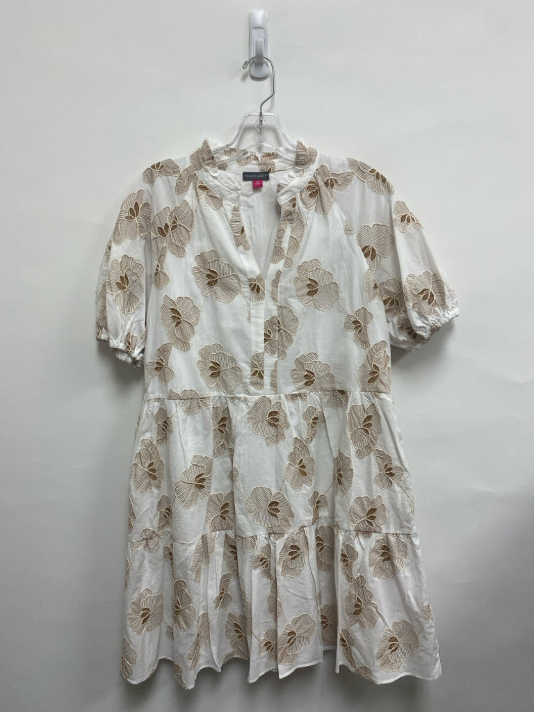 VINCE CAMUTO Size M White Brown Embroidered Puff Sleeve Ladies Dress