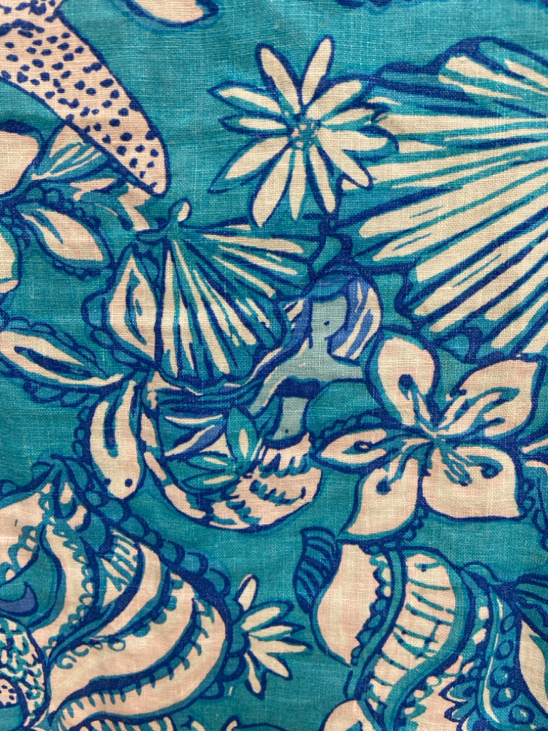 LILLY PULITZER Size 14 Turquoise White/Blue Shells 3/4 Sleeve Lined Ladies Top