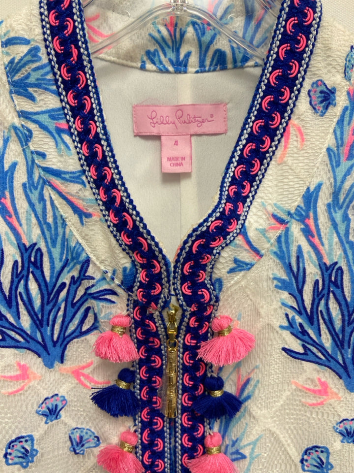 LILLY PULITZER Size 4 White/Pink Navy/Blue Sea Coral Sleeveless Ladies Dress