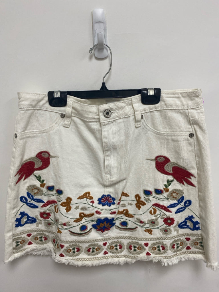 Umgee Size L White Multi Color Embroidered Denim Ladies Skirt