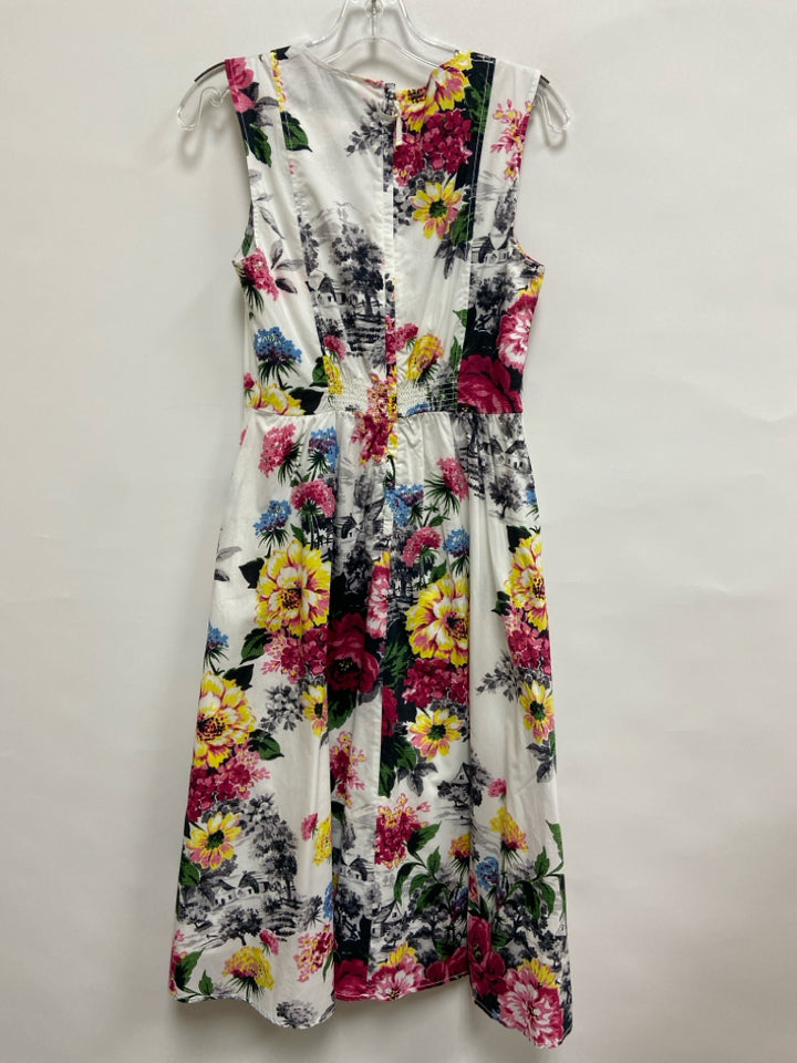 Anthropologie Size 4 White/Black Multi Color Flowers Sleeveless Ladies Dress