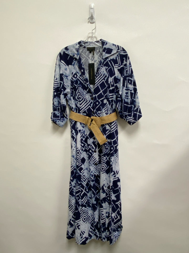 NWT Donna Karan Size 2 Navy/Blue Tie Dye Button Up Linen Blend Ladies Dress