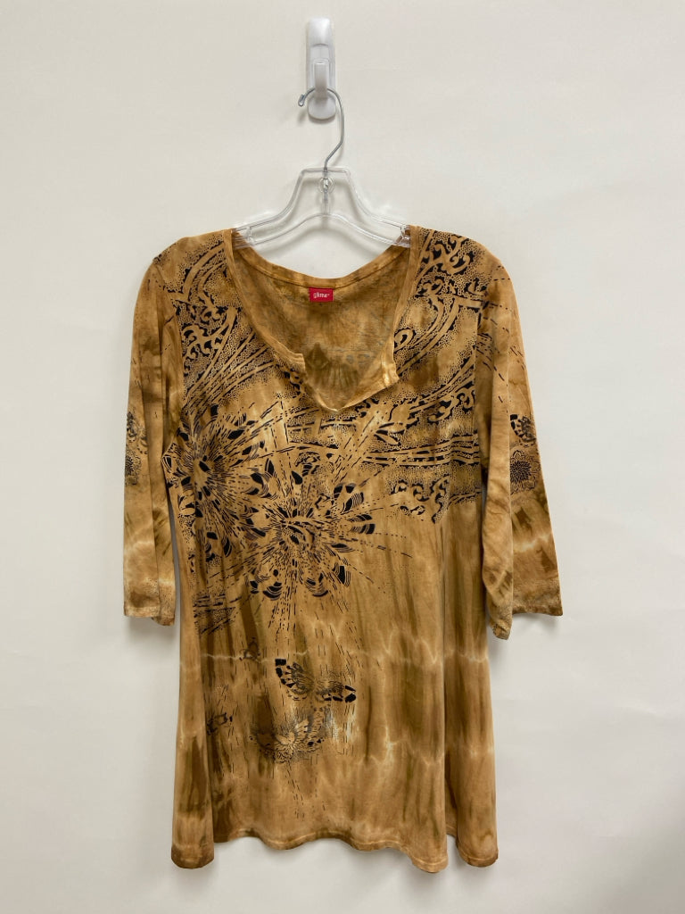 Glima Size M Tan Black Print 3/4 Sleeve Ladies Top