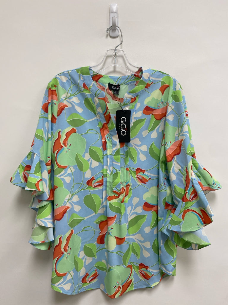NWT GiGiO Size L Blue/White Coral/Green Floral Bell Sleeves Ladies Top