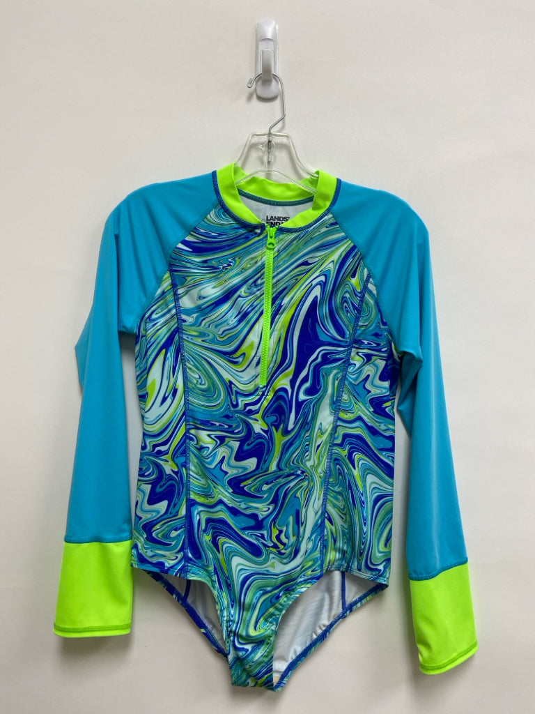 Lands End SIZE 16 Aqua/blue Neon Green Swirl Girl&