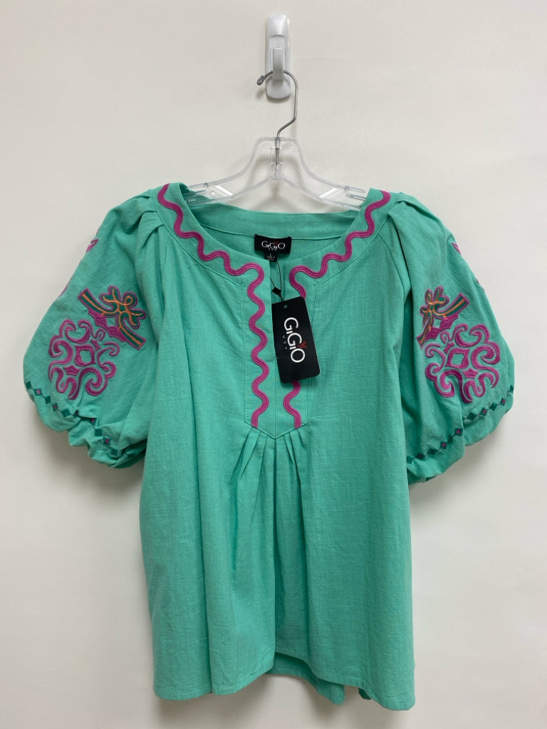 NWT GiGiO Size L Aqua Pink/Green Embroidered Puff Sleeve Ladies Top
