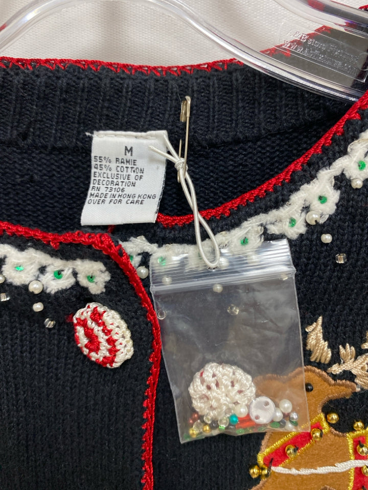 Michael Simon Size M Black Brown/White Reindeer Embroidered Ladies Sweater