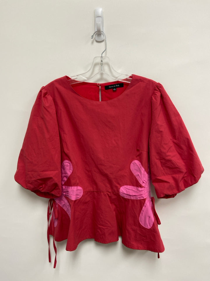 Size L Red Pink Applique Puff Sleeve Ladies Top