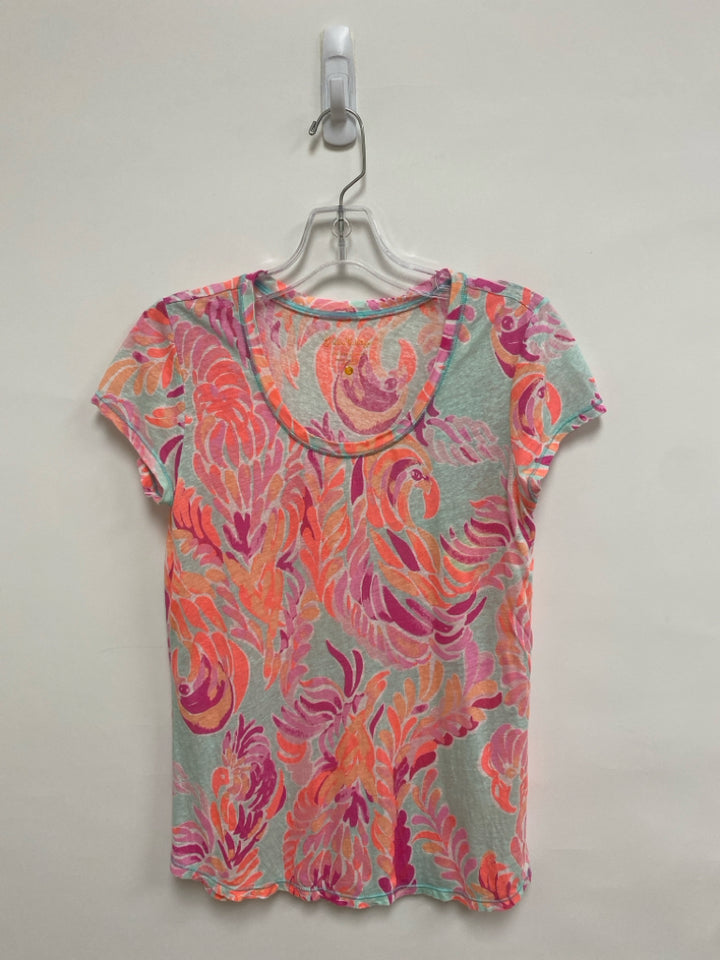 LILLY PULITZER Size S Aqua/Pink Neon Coral Flamingo Linen Blend Ladies Top
