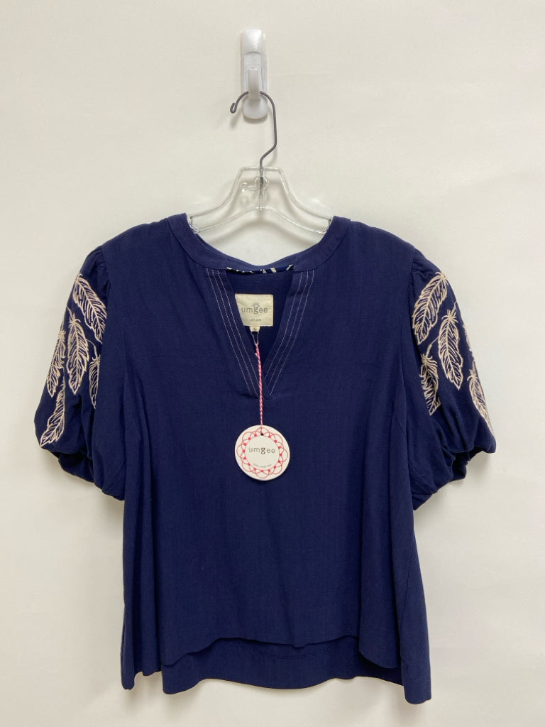 NWT Umgee Size S Navy Beige Feathers Linen Blend Ladies Top