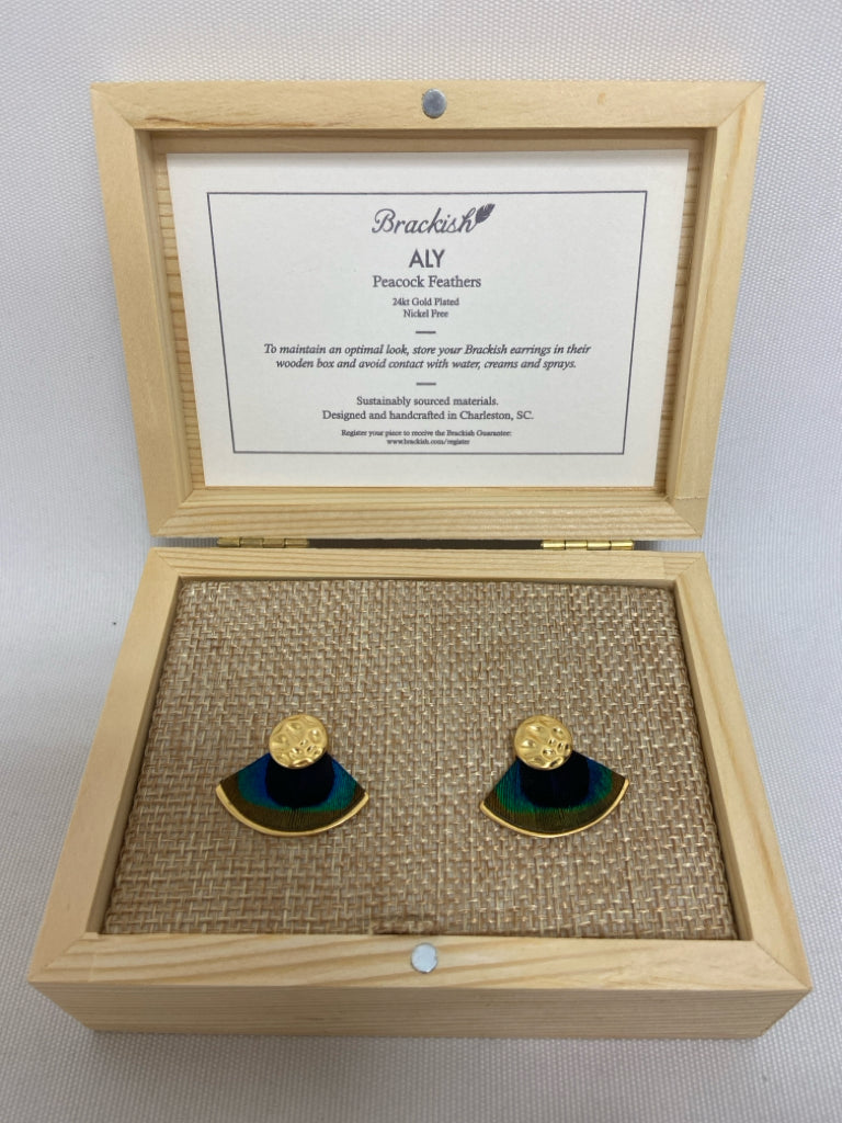 NEW/BOX Brackish Gold Green/Blue Feathers Earrings