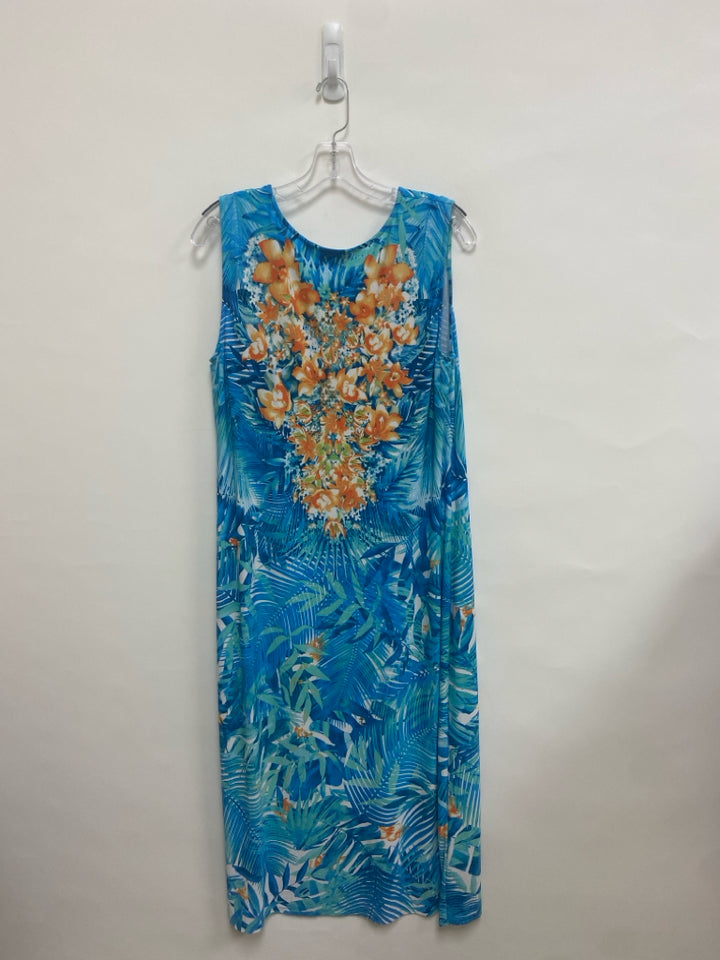 Size M Blue Orange/White Flowers Sleeveless Ladies Dress