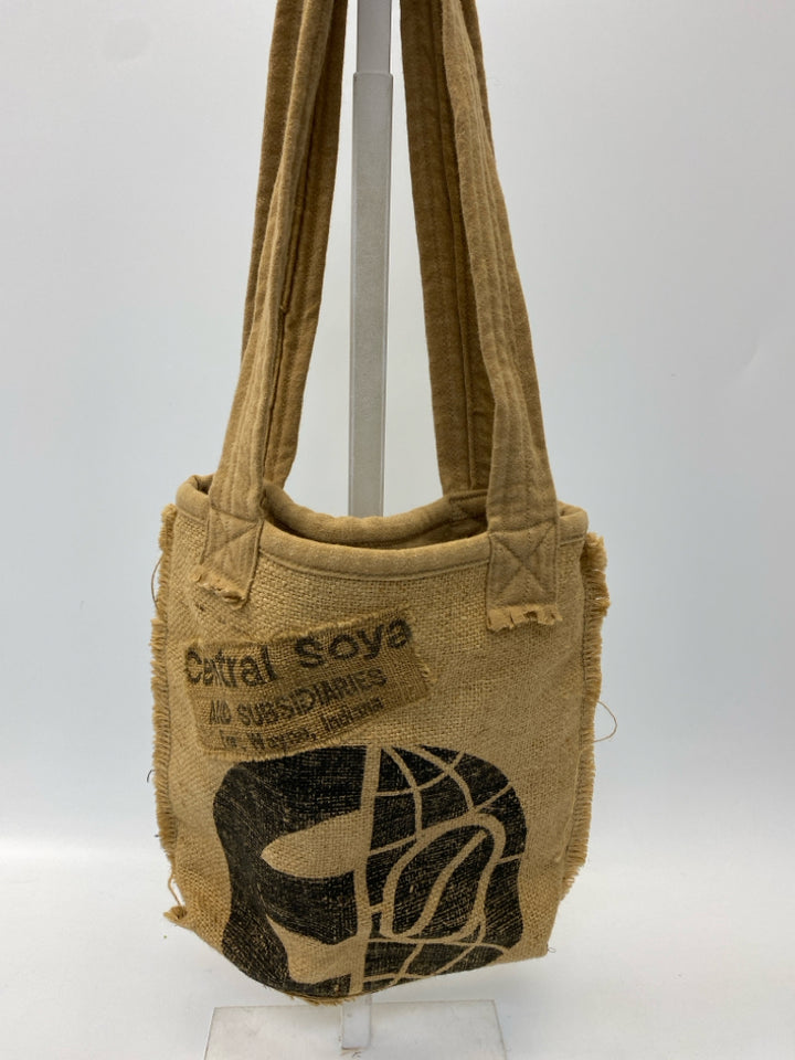 Brown Black Distressed Burlap Tote Bag