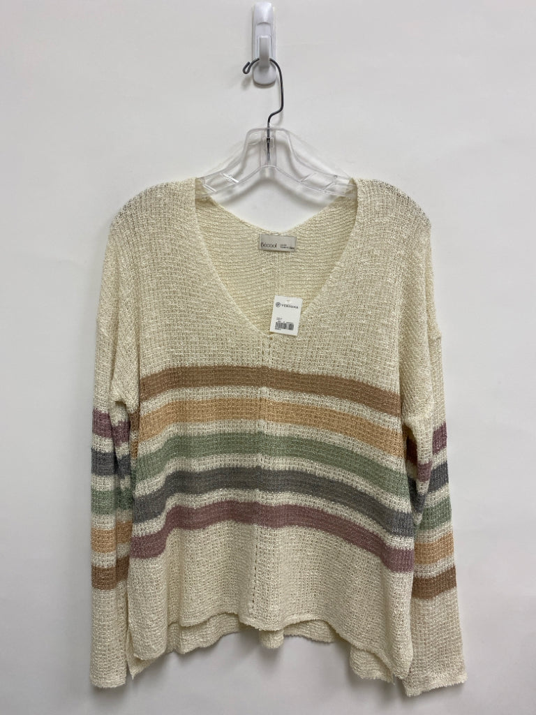 NWT Versona Size M Cream Multi Color Striped V Neck Ladies Sweater