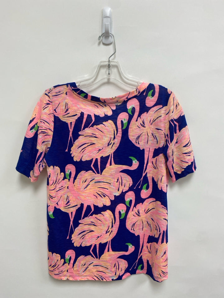 LILLY PULITZER Size S Navy/Pink Flamingo V Neck Ladies Top
