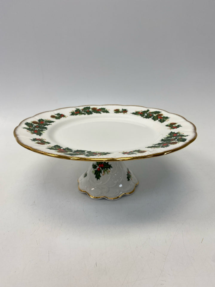 White Green Holly Berries China Cake Plate/Stand