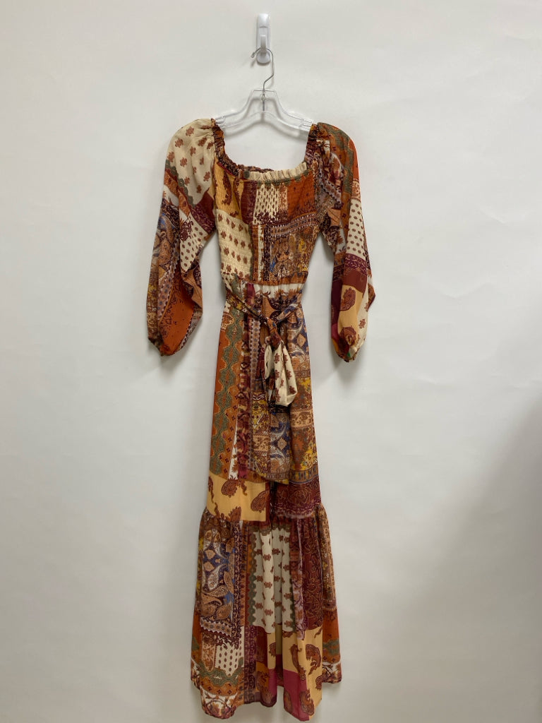 Flying Tomato Size S Orange Cream/Green Assorted Print Maxi Ladies Dress