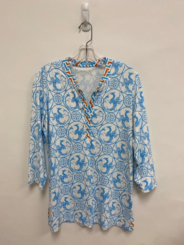 J McLaughlin Size M White/Orange Powder Blue Tunic Ladies Top