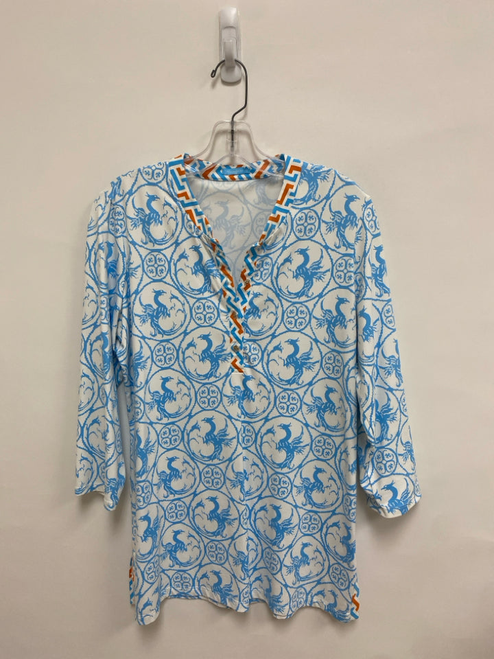 J McLaughlin Size M White/Orange Powder Blue Tunic Ladies Top
