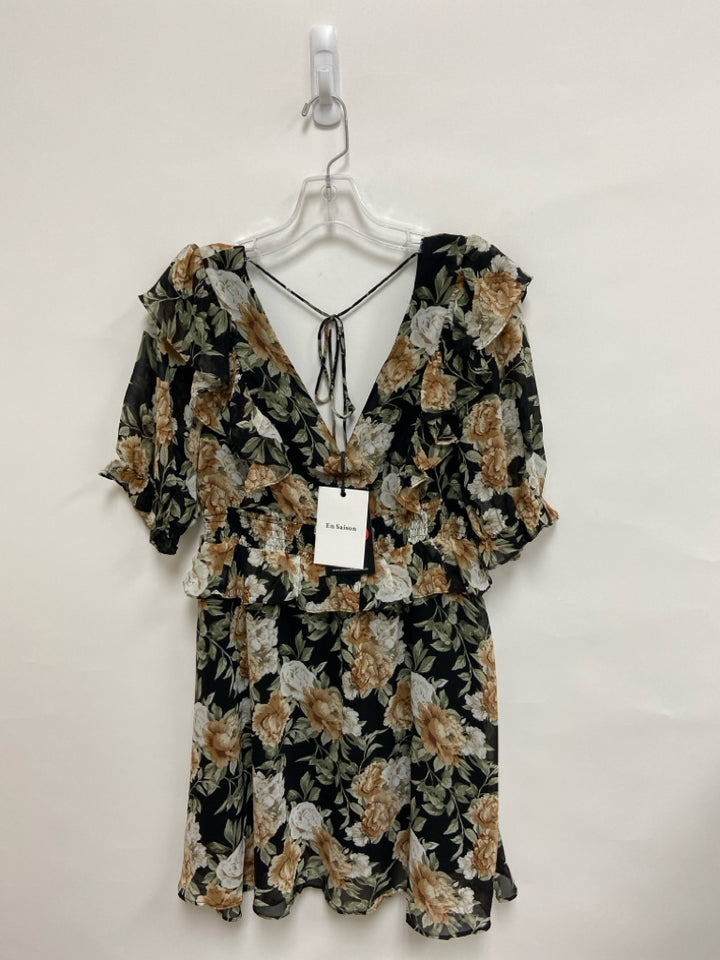 NWT Size M Black/Green Cream/Tan Flowers Puff Sleeve Ladies Dress