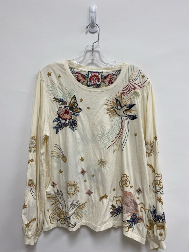 JOHNNY WAS Size L Cream Multi Color Embroidered Ladies Top