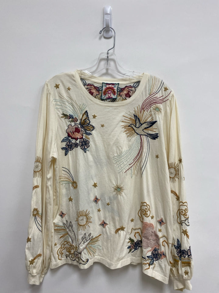 JOHNNY WAS Size L Cream Multi Color Embroidered Ladies Top