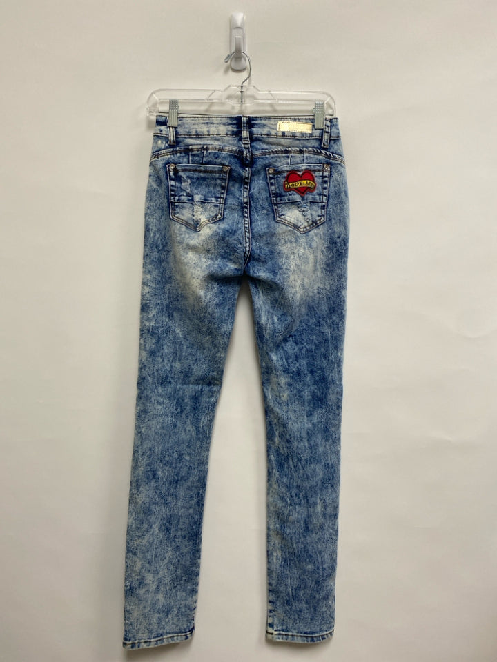 Size 7/8 Blue Red Distressed Denim Ladies Jeans