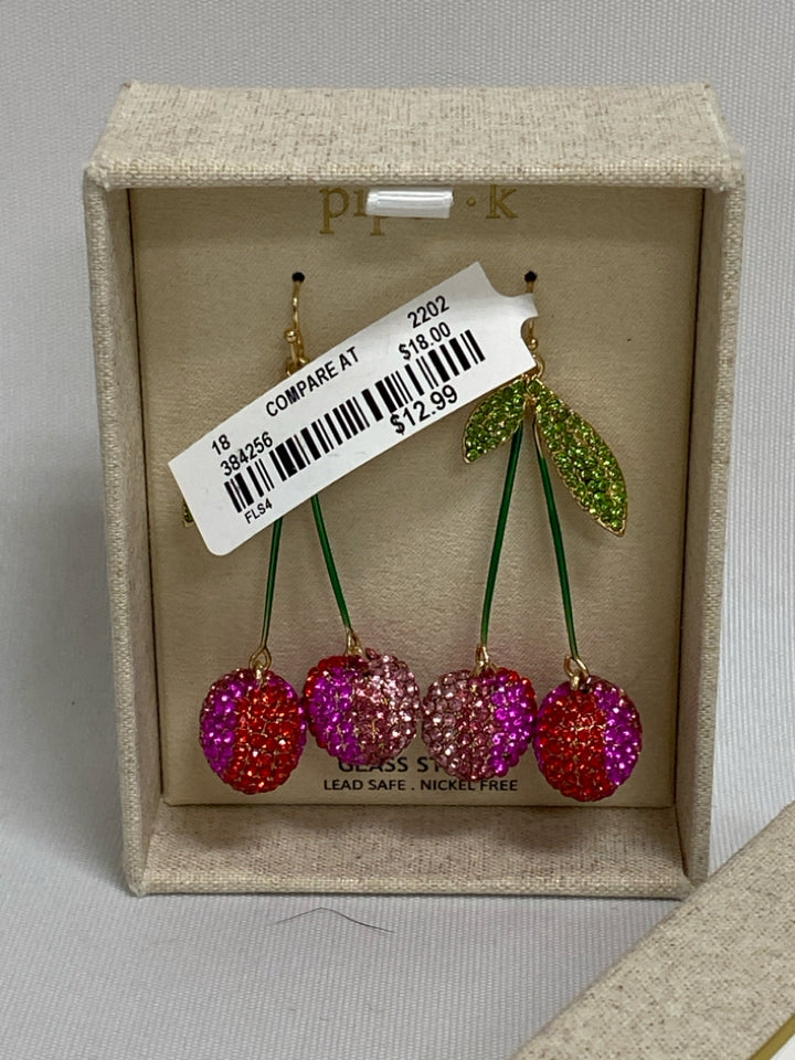 NEW/BOX Piper K Green/Pink Purple/Red Cherries Earrings