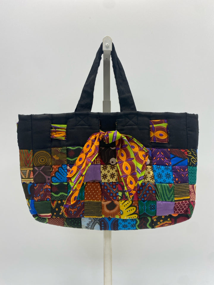 Black Multi-Color Patchwork Fabric Tote Bag
