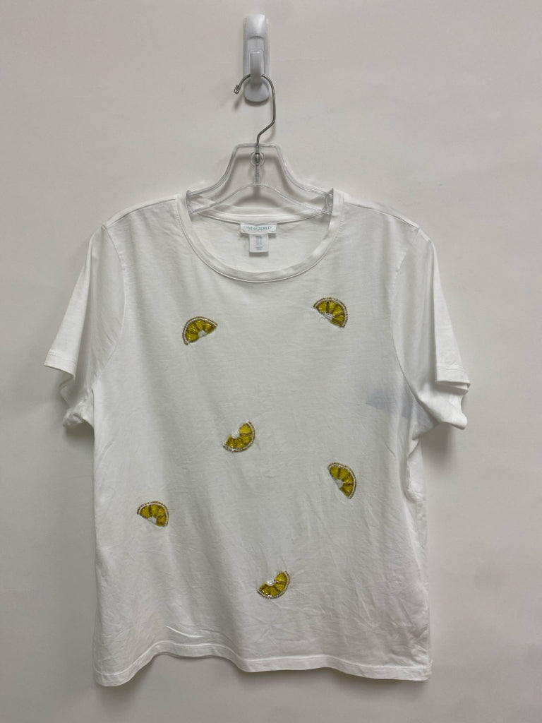 Cynthia Rowley Size XL White Yellow Lemons Beaded Ladies Top