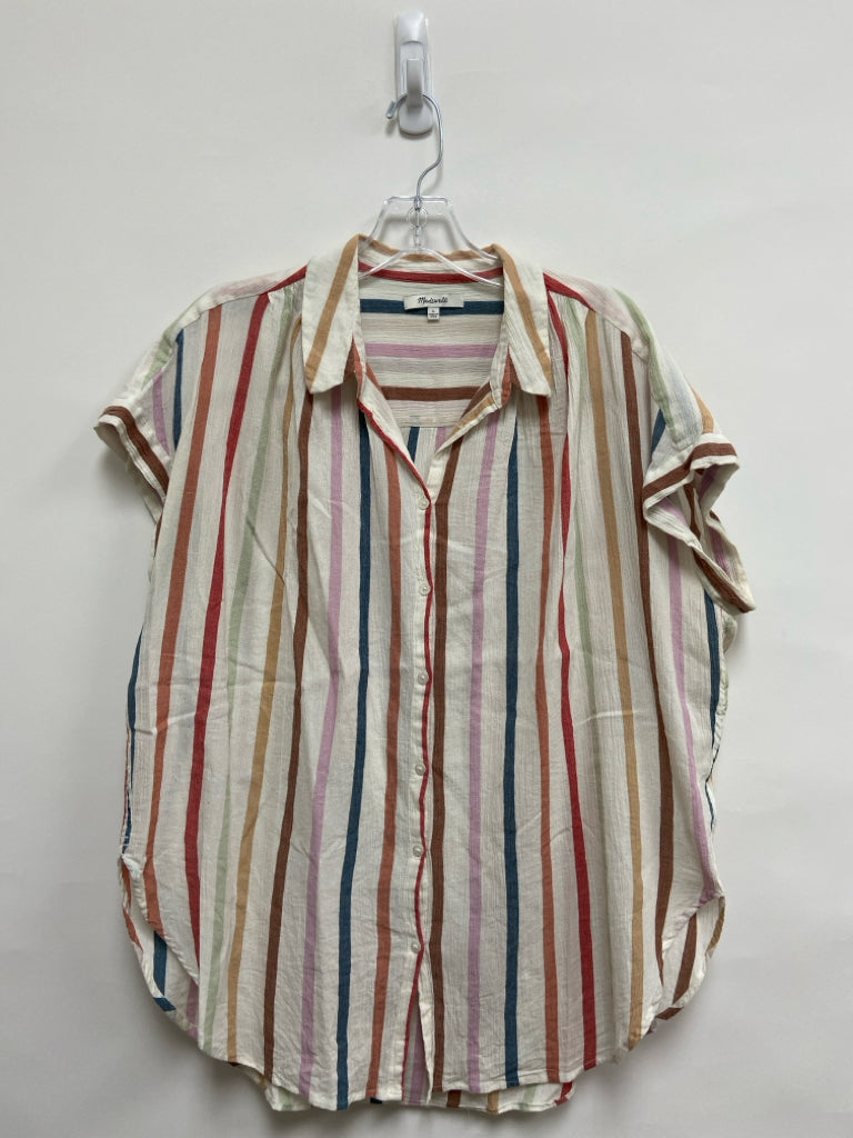 Madewell Size L White Tan/Multi Striped Button Up Ladies Top
