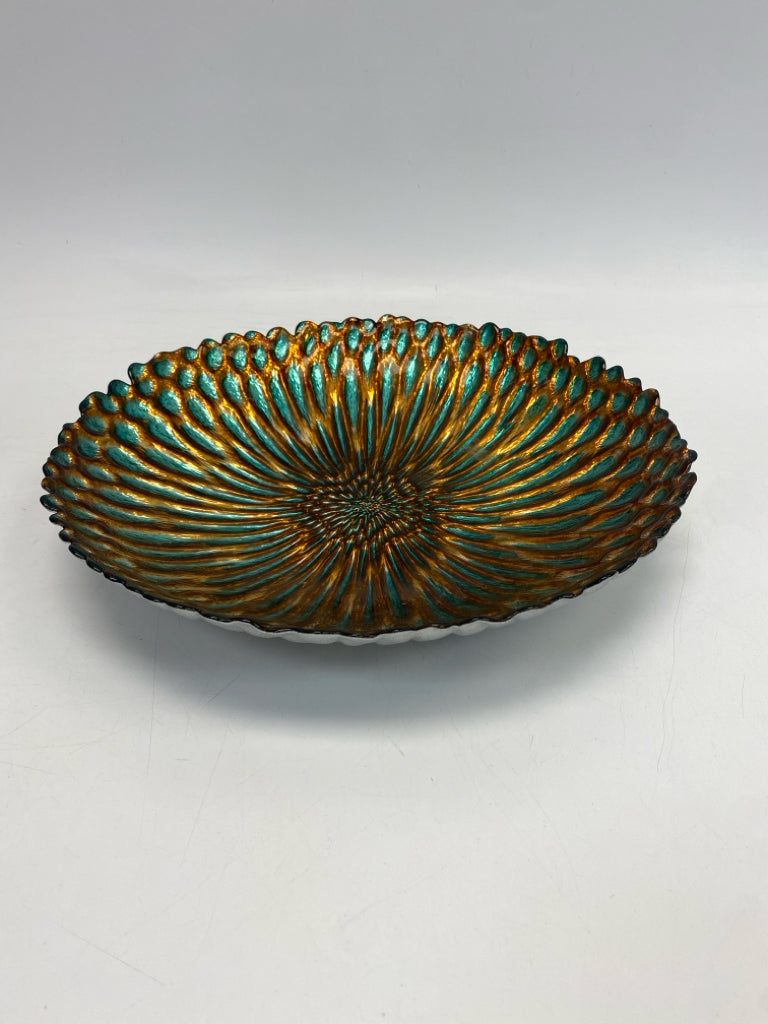 Copper Turquoise Peacock Glass Decorative Bowl