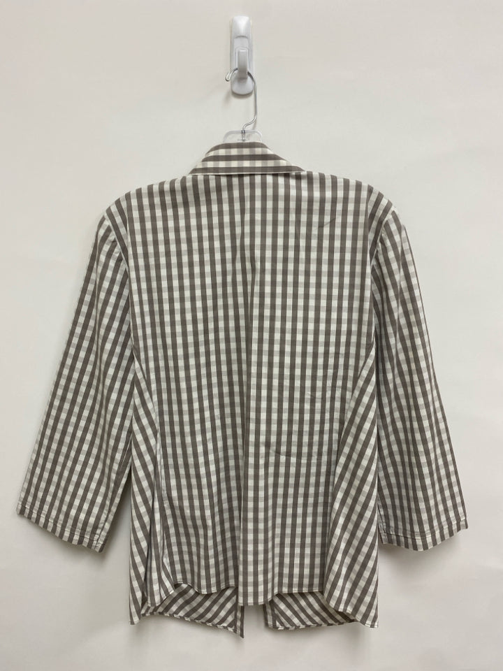 LAFAYETTE 148 Size 12 White Taupe Checkered Button Up Ladies Top