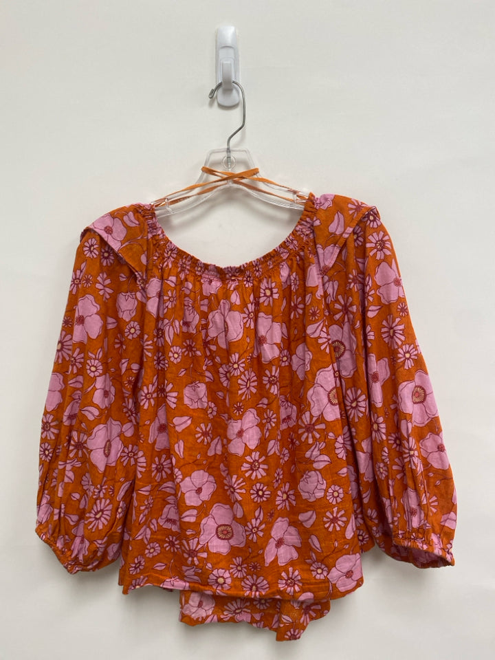 Free People Size M Orange Pink Flowers Puff Sleeve Ladies Top