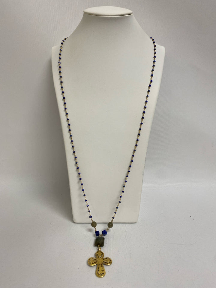 Gold Color Royal Blue Cross Necklace