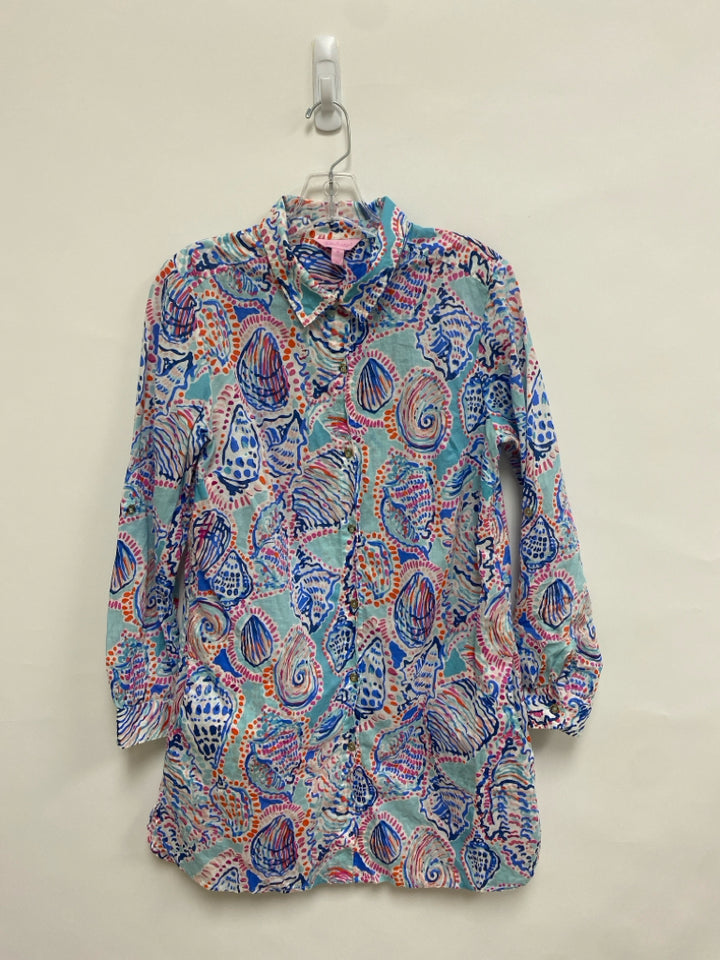 LILLY PULITZER Size M Aqua/Pink Orange/Blue Shells Button Up Ladies Coverup