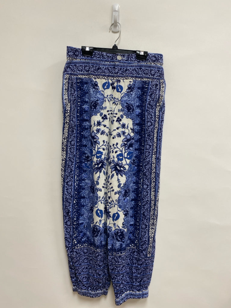 Anthropologie Size 6 White Navy/Blue Floral Joggers Linen Blend Ladies Pants