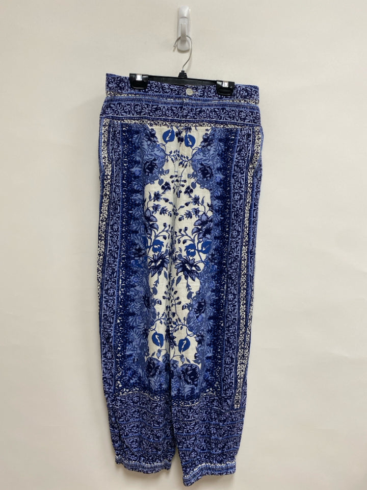 Anthropologie Size 6 White Navy/Blue Floral Joggers Linen Blend Ladies Pants