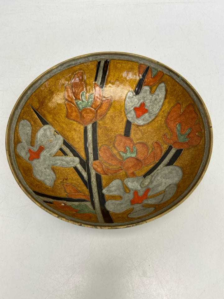 Gold Orange/Gray Flowers Metal Decorative Bowl