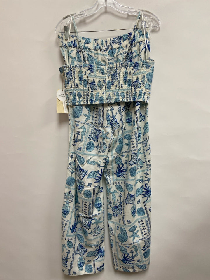 NWT MIDNIGHT SKY Size L White Aqua/Blue Shells Linen Blend Ladies 2pc Pant Set