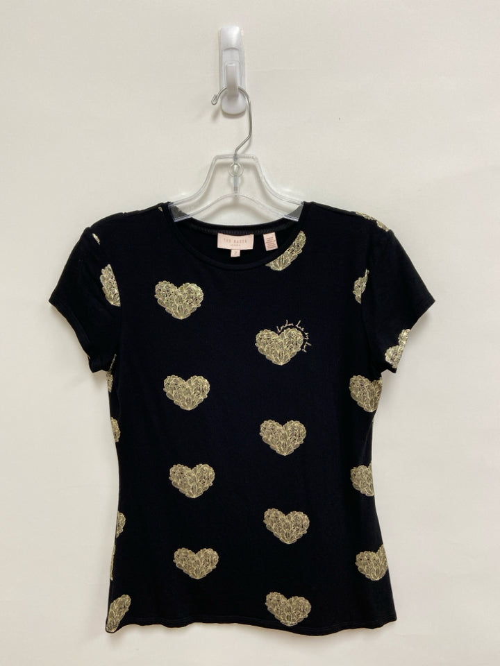 Ted Baker Size 2 Black Gold Hearts Ladies Top