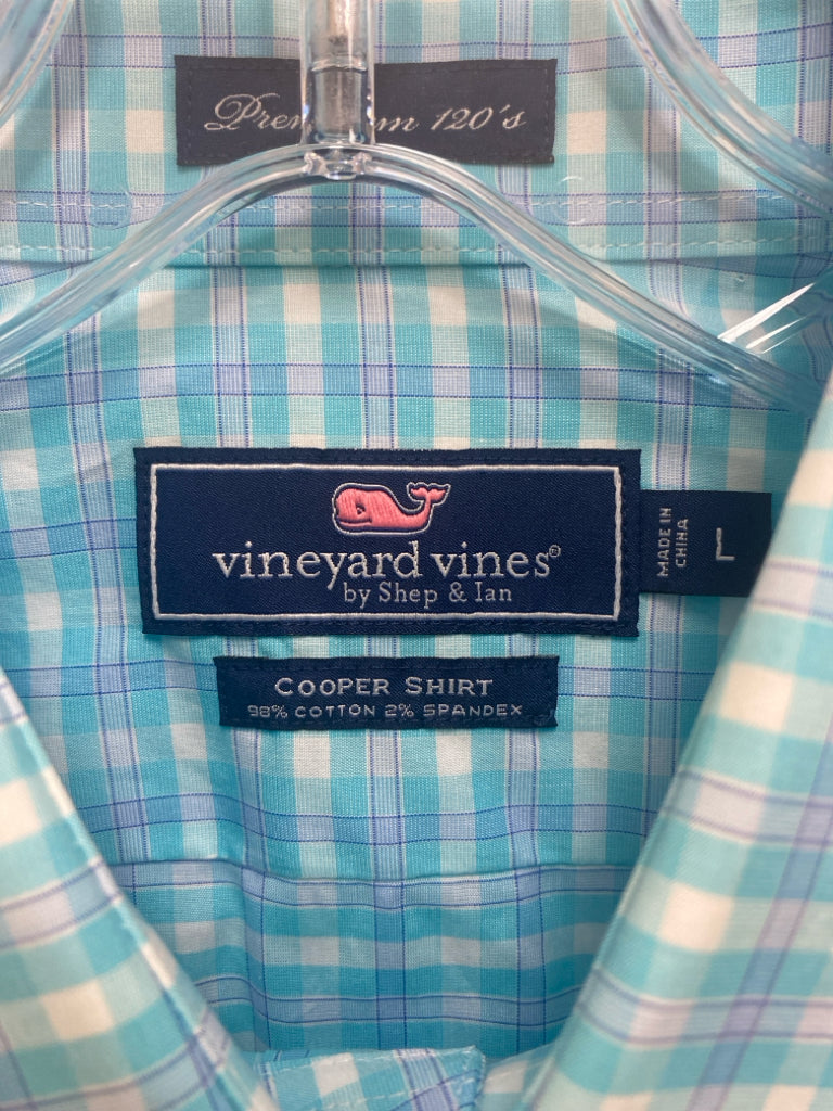 NWT Vineyard Vines Size L Aqua White Checkered Button Up Men&
