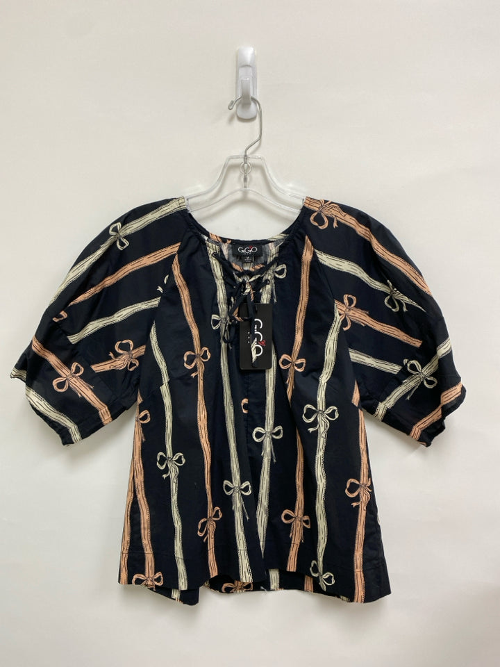 NWT GiGiO Size M Black/Cream Tan Bows Ladies Top