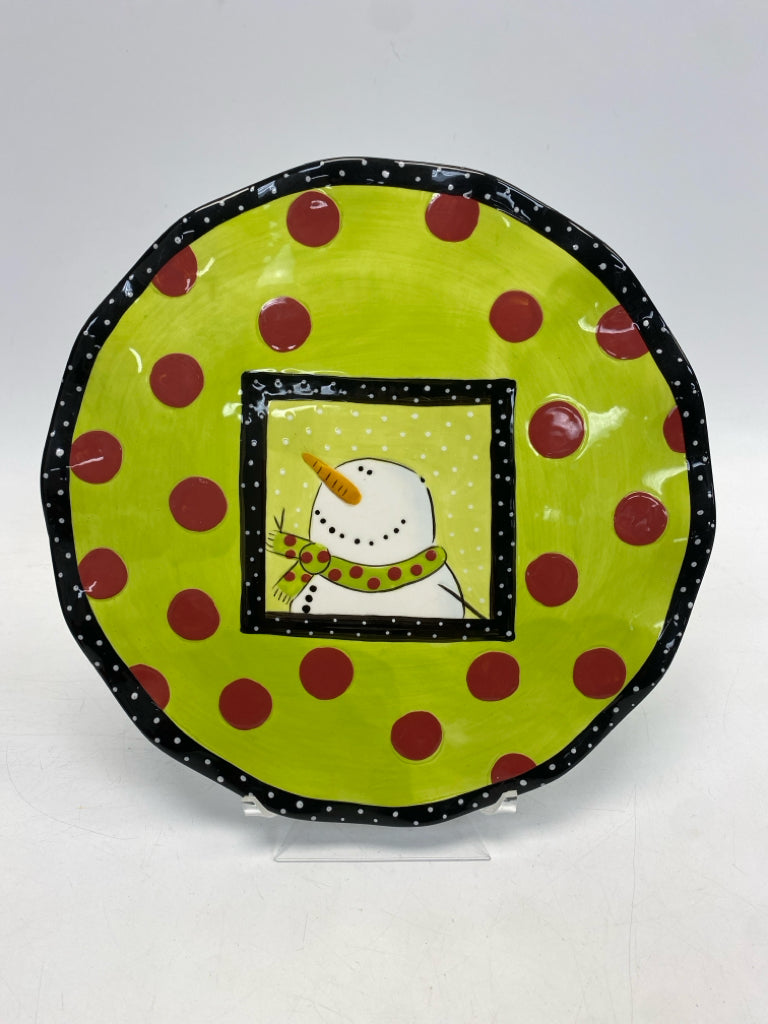 Demdaco Lime Green Red/Black Snowman Ceramic Christmas