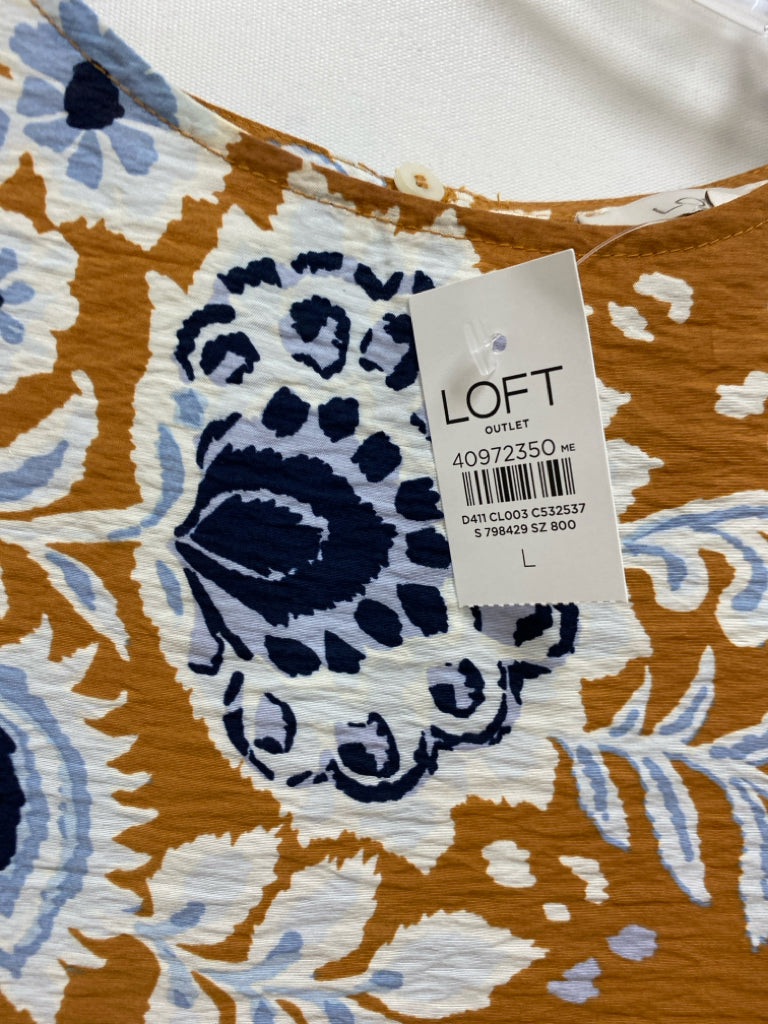 NWT LOFT Size L Tan/Cream Blue Floral Ladies Top
