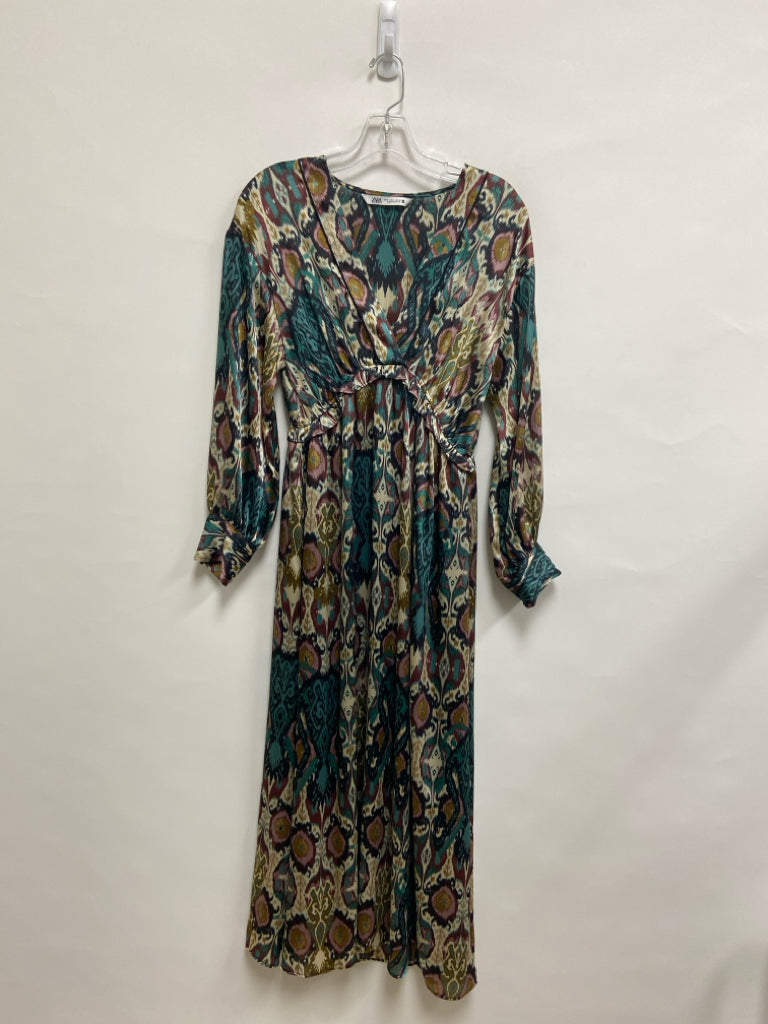 Zara Size M Cream Teal/Pink Long Sleeve Ladies Dress