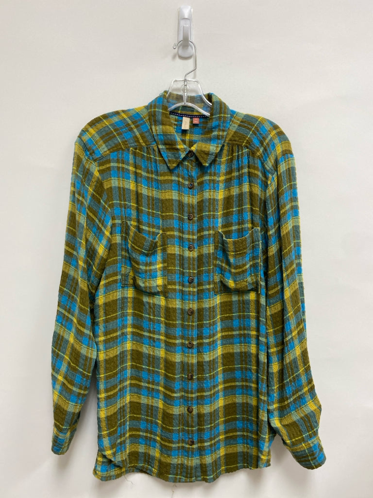 Pilcro Size M Green Blue Plaid Button Up Ladies Top