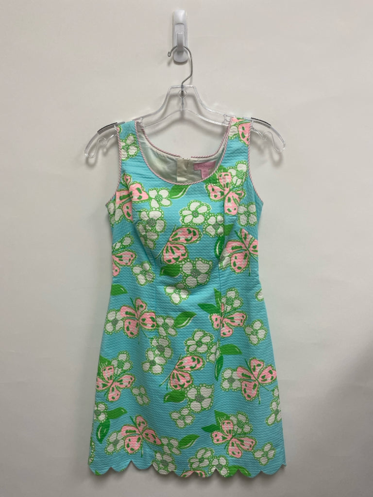 LILLY PULITZER Size 00 Pink/White Green/Blue Butterflies Sleeveless Ladies Dress
