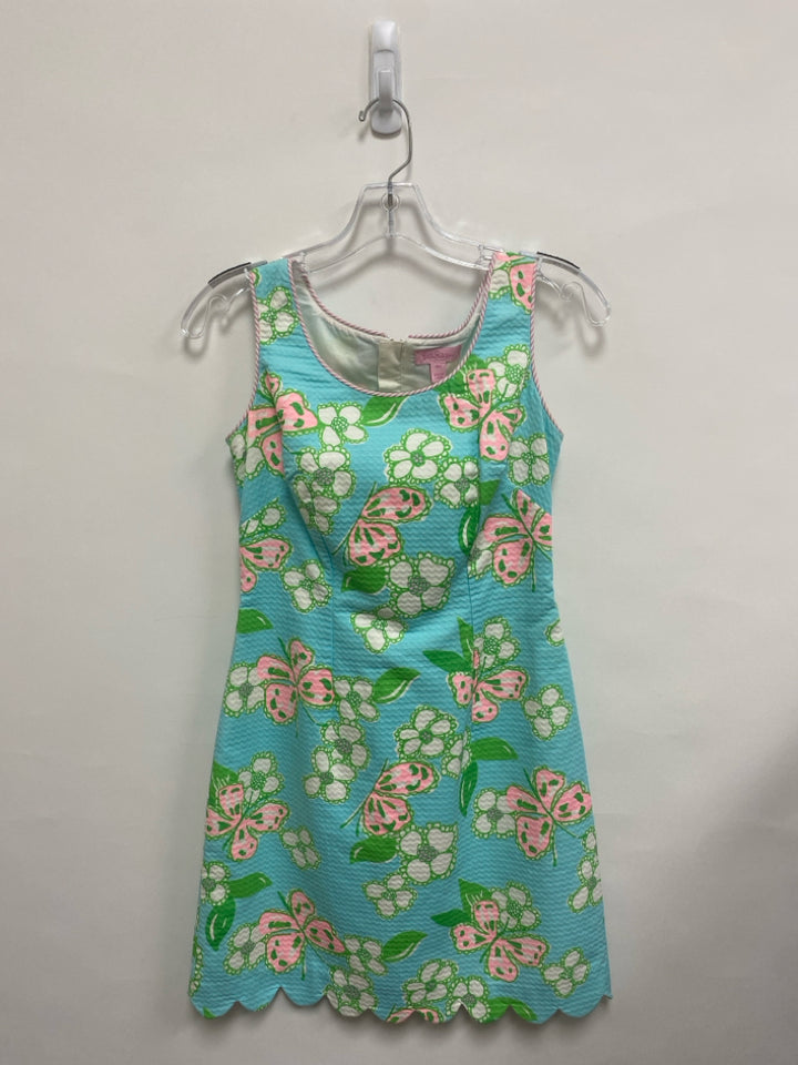 LILLY PULITZER Size 00 Pink/White Green/Blue Butterflies Sleeveless Ladies Dress