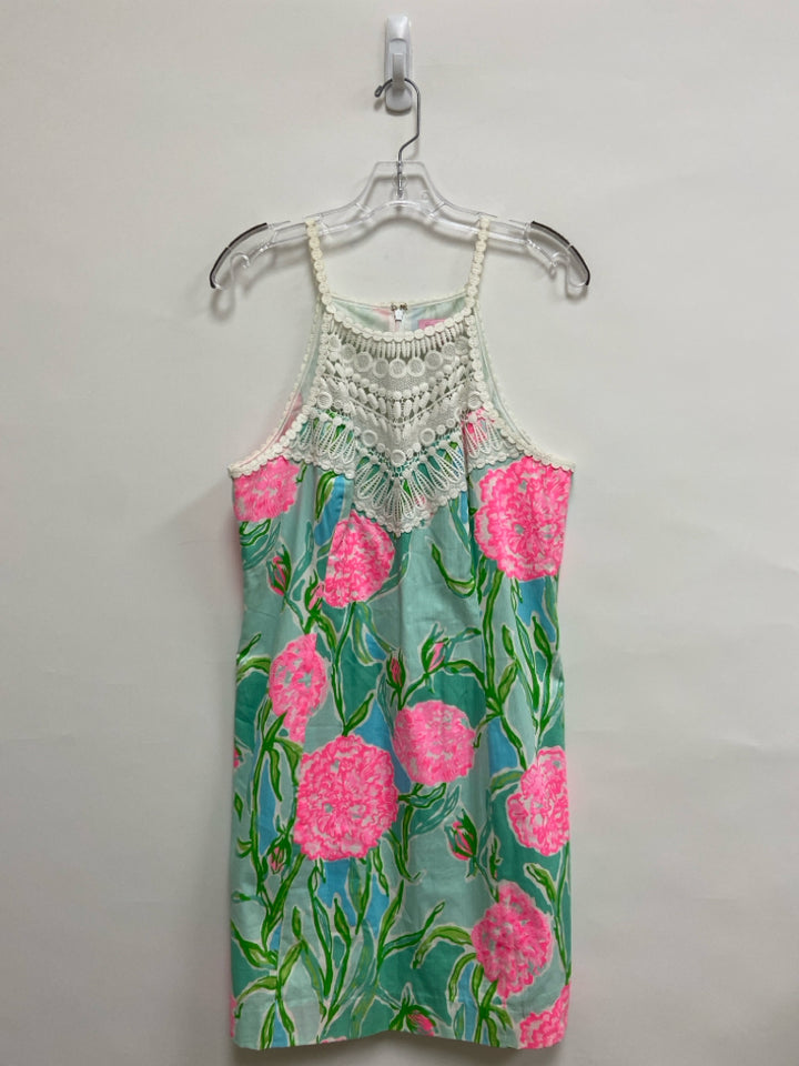 LILLY PULITZER Size 12 White/Pink Aqua/Green Flowers Sleeveless Ladies Dress
